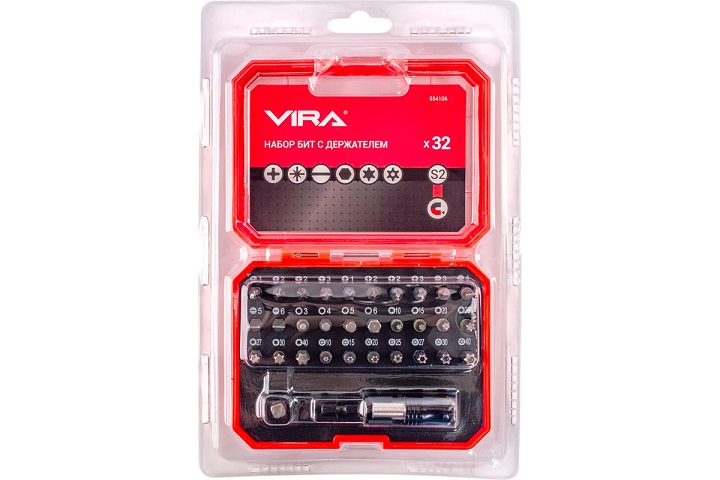 Набор бит 25мм PH/PZ/SL/T(ТН)/HEX (32шт) магнитный адаптер хвостовик1/4" (554106) VIRA *1/6/24