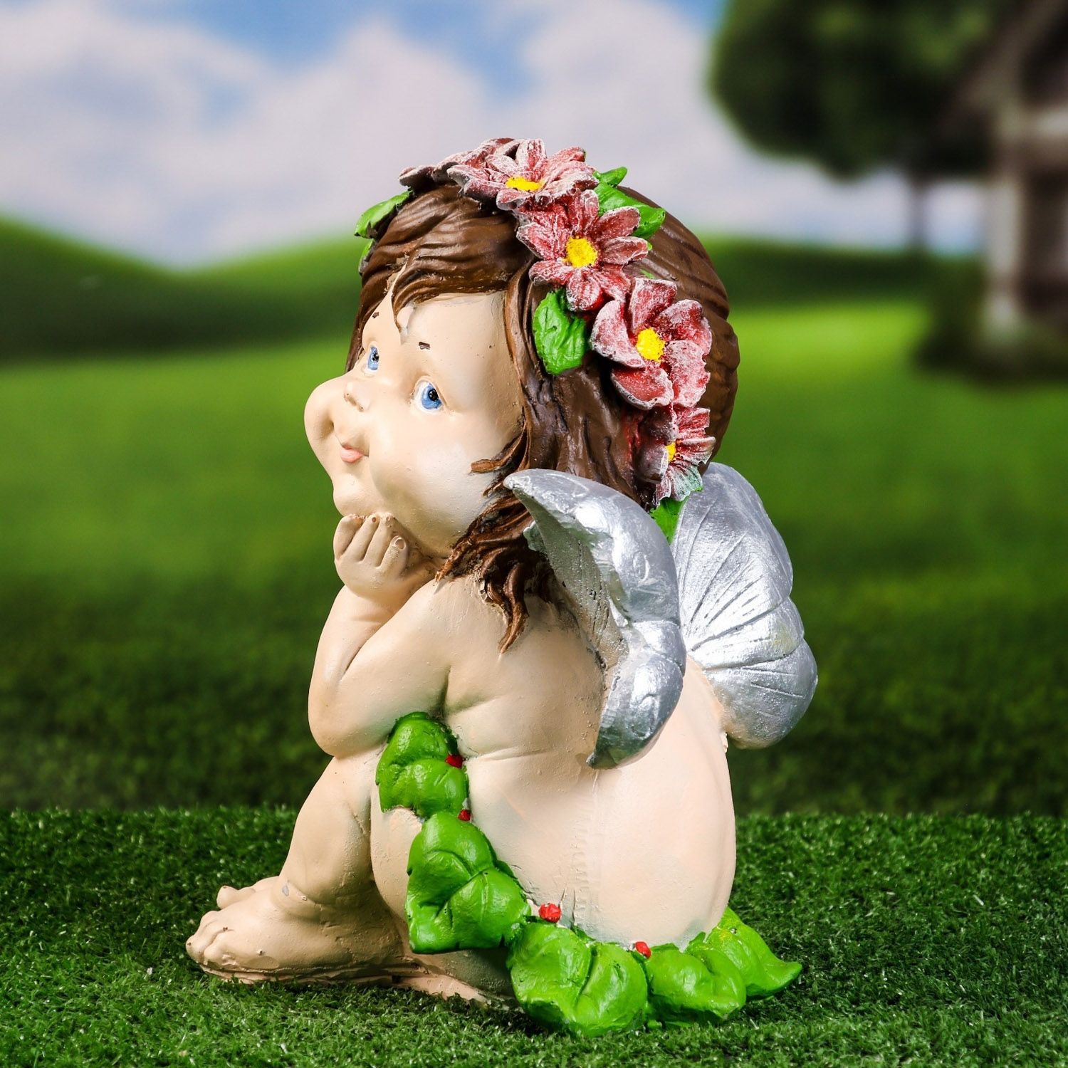 Садовая фигура "Ангел мечтатель" цветной, 27х20см 9567035