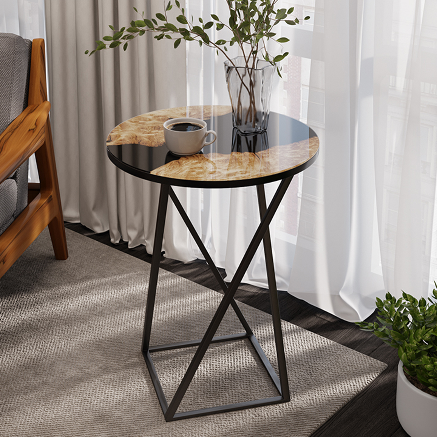 яяяСтол журнальный ДП-1-03-05 исп.2 Чёрный/Стекло с рисунком Слэб чёрный*1