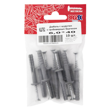 Дюбель с шурупом BROZEX 6,0*40 с грибовидным бортиком пакет (10шт) *10/100