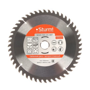Диск пильный 190*20,0мм 48 зубьев по дереву (9020-190-20-48T) Sturm *1/40 Диск пильный 190*20,0мм 48 зубьев по дереву (9020-190-20-48T) Sturm *1/40