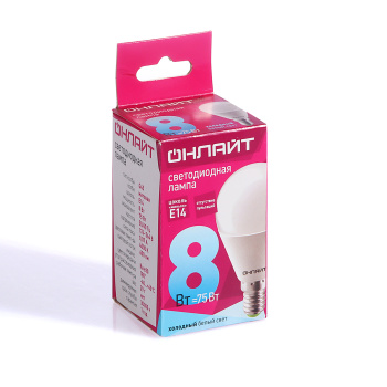 Лампа светодиодная ОНЛАЙТ, Е14, шар G45, 8 Вт, 600 Лм, 4000 К, нейтральный белый