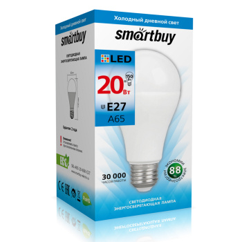 Лампа светодиодная Smartbuy, Е27, 20 Вт, груша A65, 1700 Лм, 6000 К, холодный белый