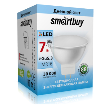 Лампа светодиодная Smartbuy, GU5.3, рефлектор MR16, 7 Вт, 560 Лм, 4000 К, нейтральный белый