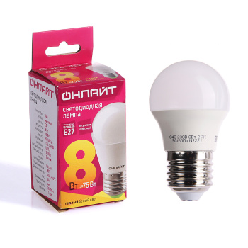 Лампа светодиодная ОНЛАЙТ, Е27, шар G45, 8 Вт, 560 Лм, 2700 К, теплый белый