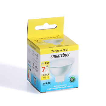 Лампа светодиодная Smartbuy, GU5.3, рефлектор MR16, 7 Вт, 560 Лм, 3000 К, теплый белый