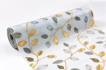 Клеёнка без основы "термо" гладкая "Веточки" зол.-сер,.шир.0,6м, толщ.0,7мм T4397 "ТермоКлеёнка"*20