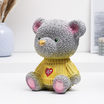 Копилка "Мишка в кофте с сердцем" серая с желтым, 19 см 9535350