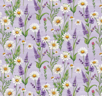 Клеёнка на тканевой основе "Этюд" "Ромашки, лаванда" на сиреневом шир.1,25м 660/7 "Колорит" *25