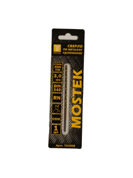 Сверло по металлу 3,0х66/100мм удлиненное HSS-TIN DIN340RN 1шт арт.1342030 MosTek*1/50/200